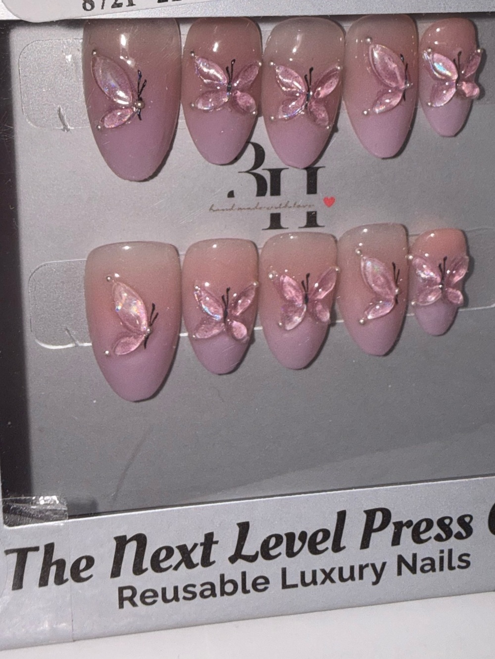 3H The Next Level Press-On Nails Pink Ombré with 3D Butterfly Accents